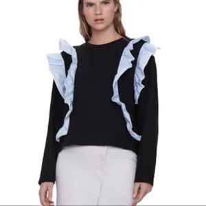 NWT ZARA CONTRASTING POPLIN SWEATER BLACK WITH WHITE /blue micro stripe L